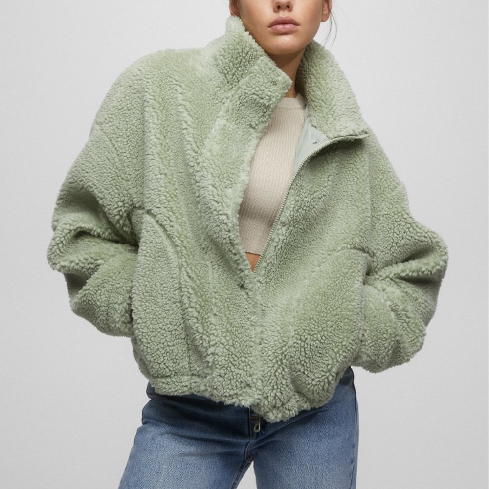 Pull & Bear Green Faux Shearling Sherpa Jacket